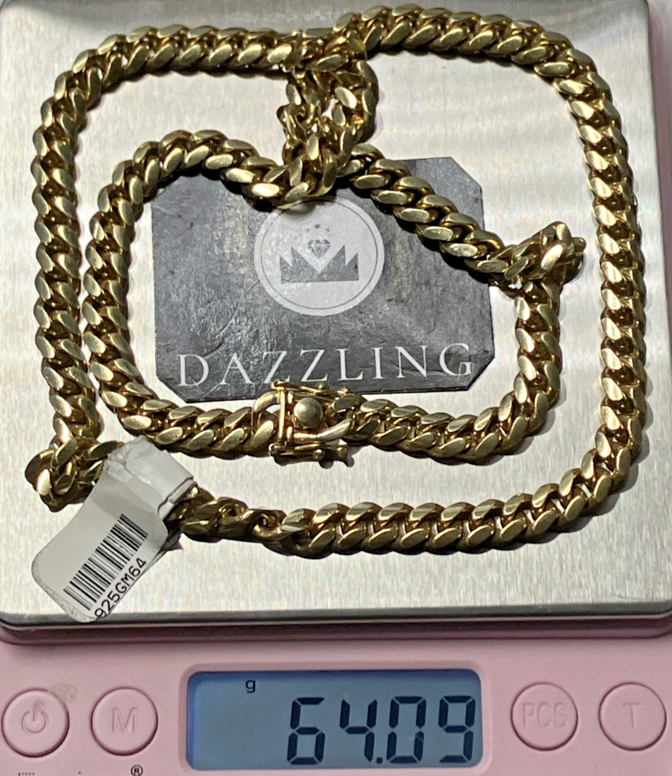 925 Sterling Silver Gold-Tone Solid Italy Cuban Chain 64grams 6.9mm Pre-Owned