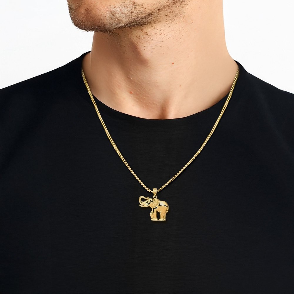 14K Solid Yellow Gold Medium Elephant Pendant Necklace 22mm 7/8 inch Polished,