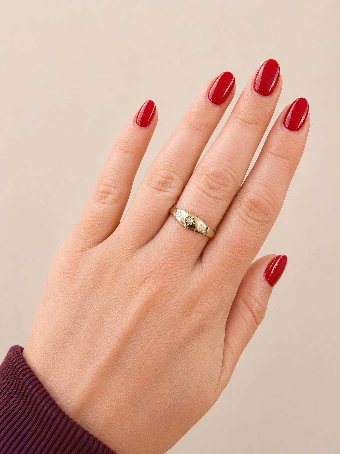 9k Solid Gold Starburst Signet Ring: Cubic Zirconia Polaris Ring