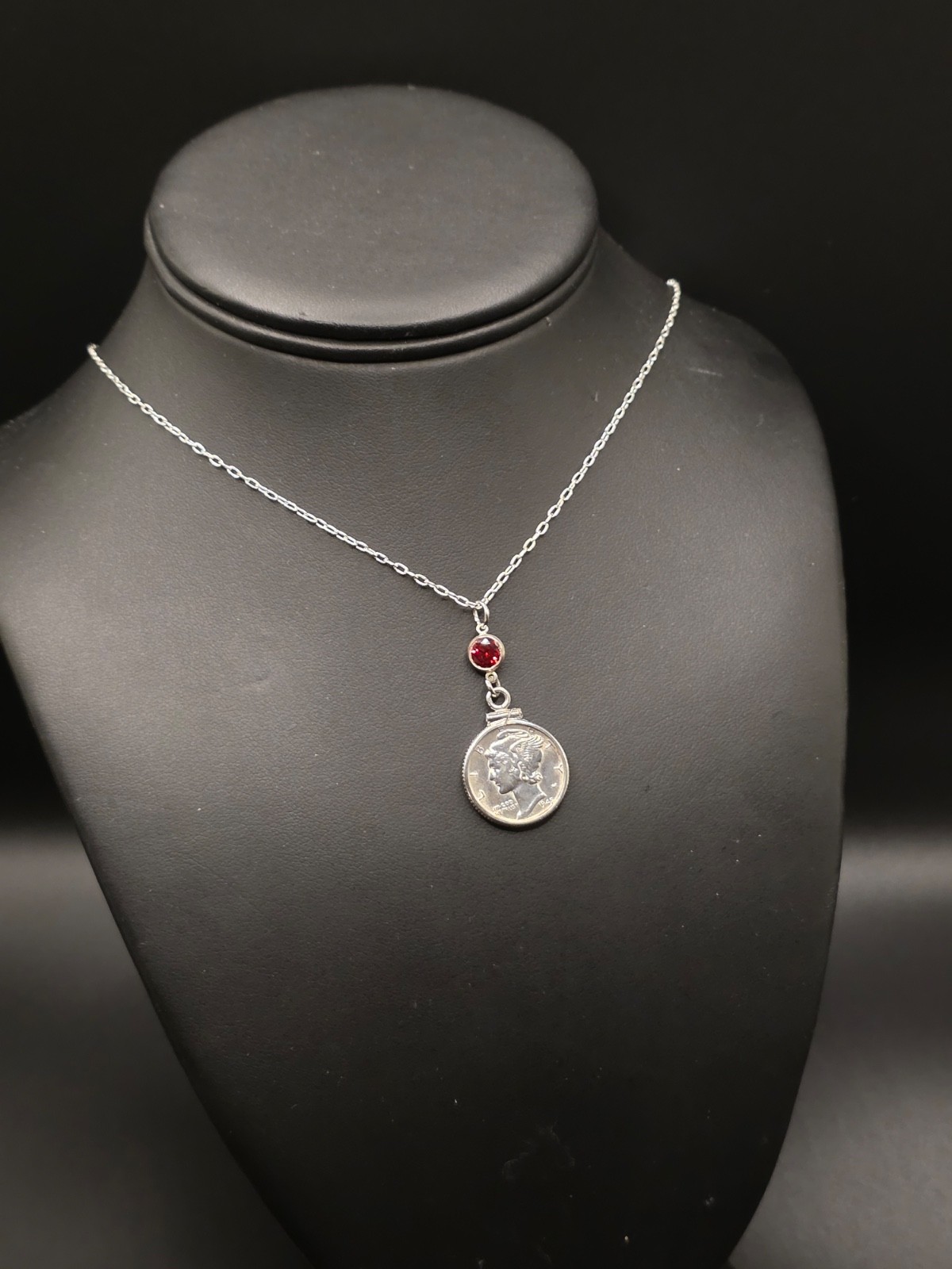Vintage Mercury Dime Necklace in Sterling Silver 925 / Coin & ruby red CZ stone