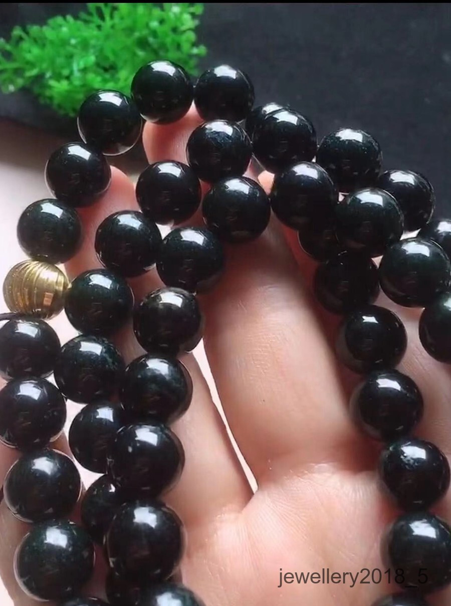 Certified Black Green Burma 100% natural A jadeite jade Beads Necklace 墨翠项链
