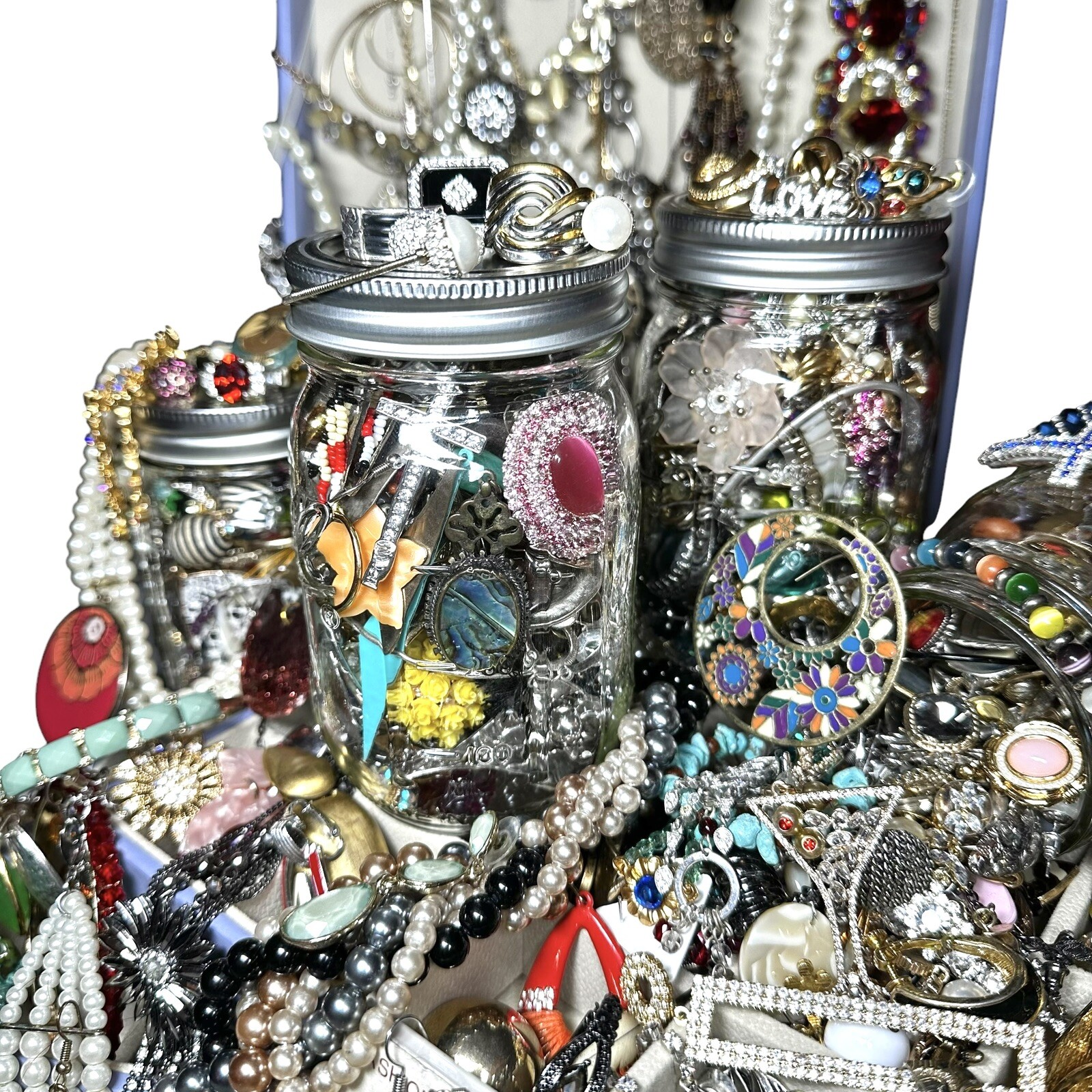 1+Lb Full (1) Ball Mason Jar Mystery Lot All Wearable Jewelry GUC Necklaces Etc.