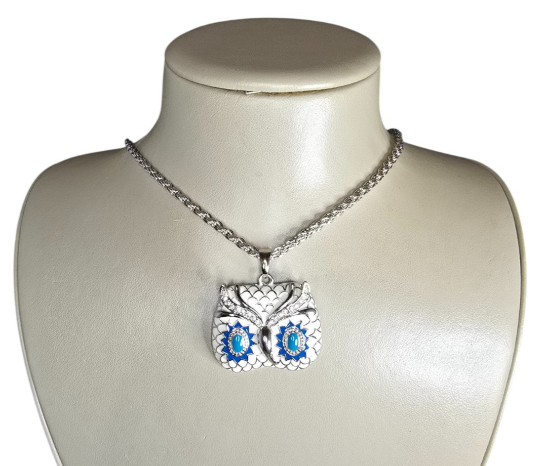 Stephan & Co Women’s Silver Plated White, Blue Rhinestone Owl Pendant Necklace