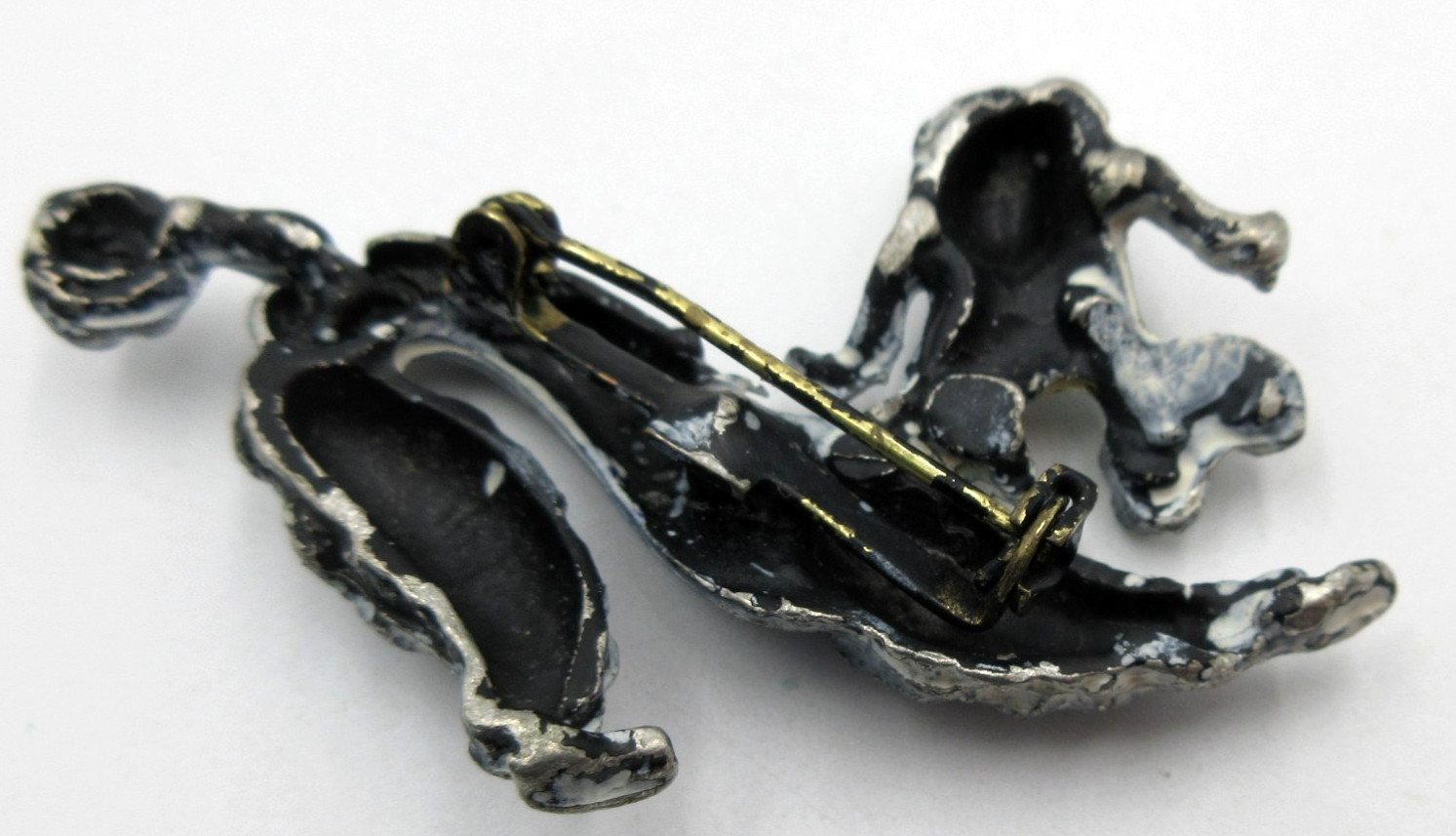 VTG UNUSUAL POODLE DOG Brooch Pin silver tone gray black YELLOW RHINESTONE EYES