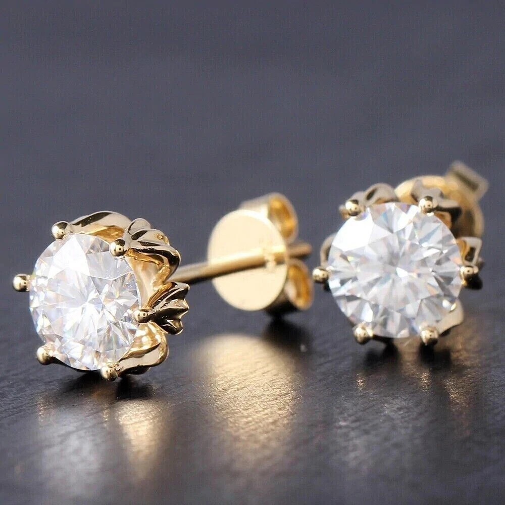 2.00Ct Round Lab Created Diamond Six Prong Stud Earring 14k Yellow Gold Plated
