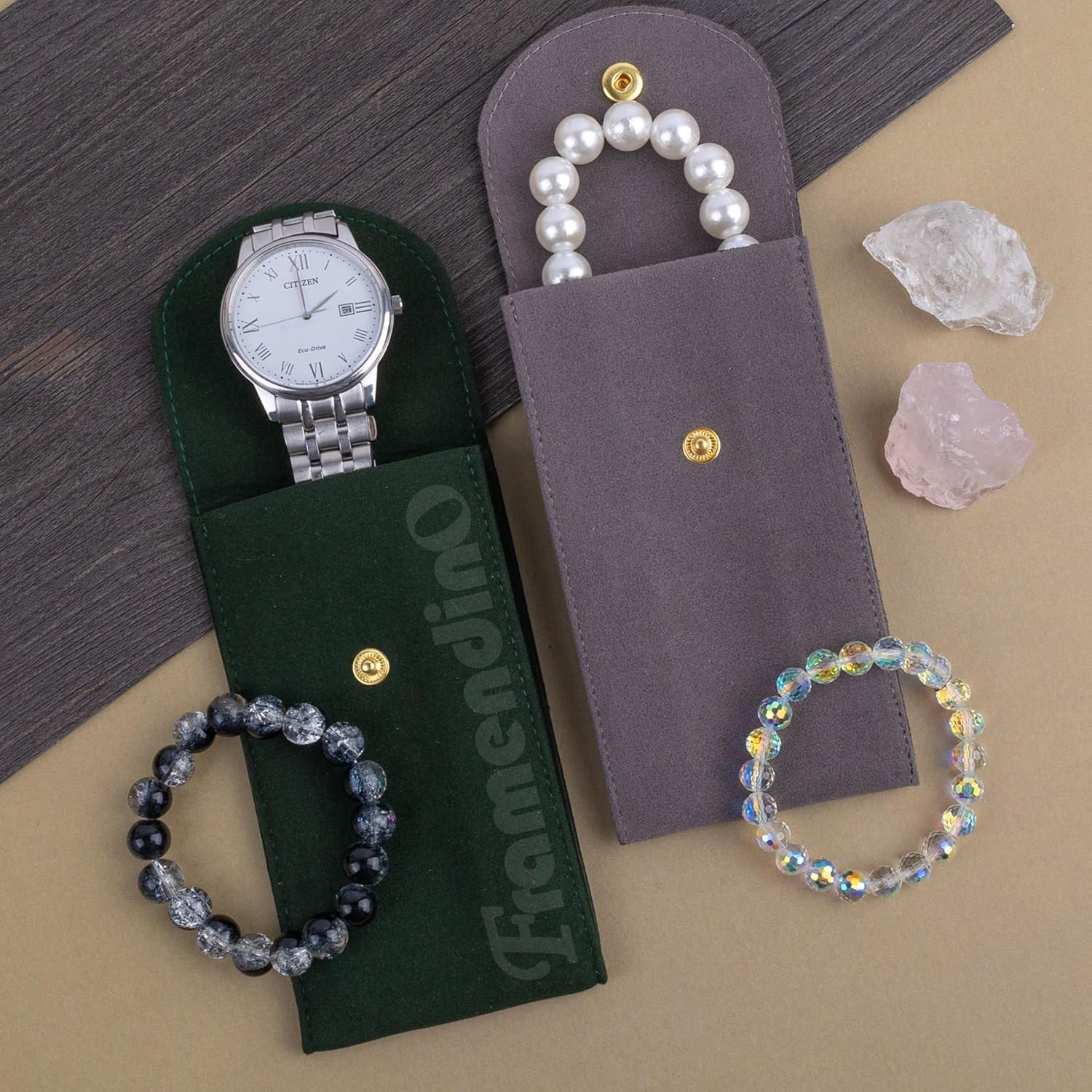 Framendino, 4 Pack Velvet Watch Pouch with Snap Button 4 Pack, Multicolor