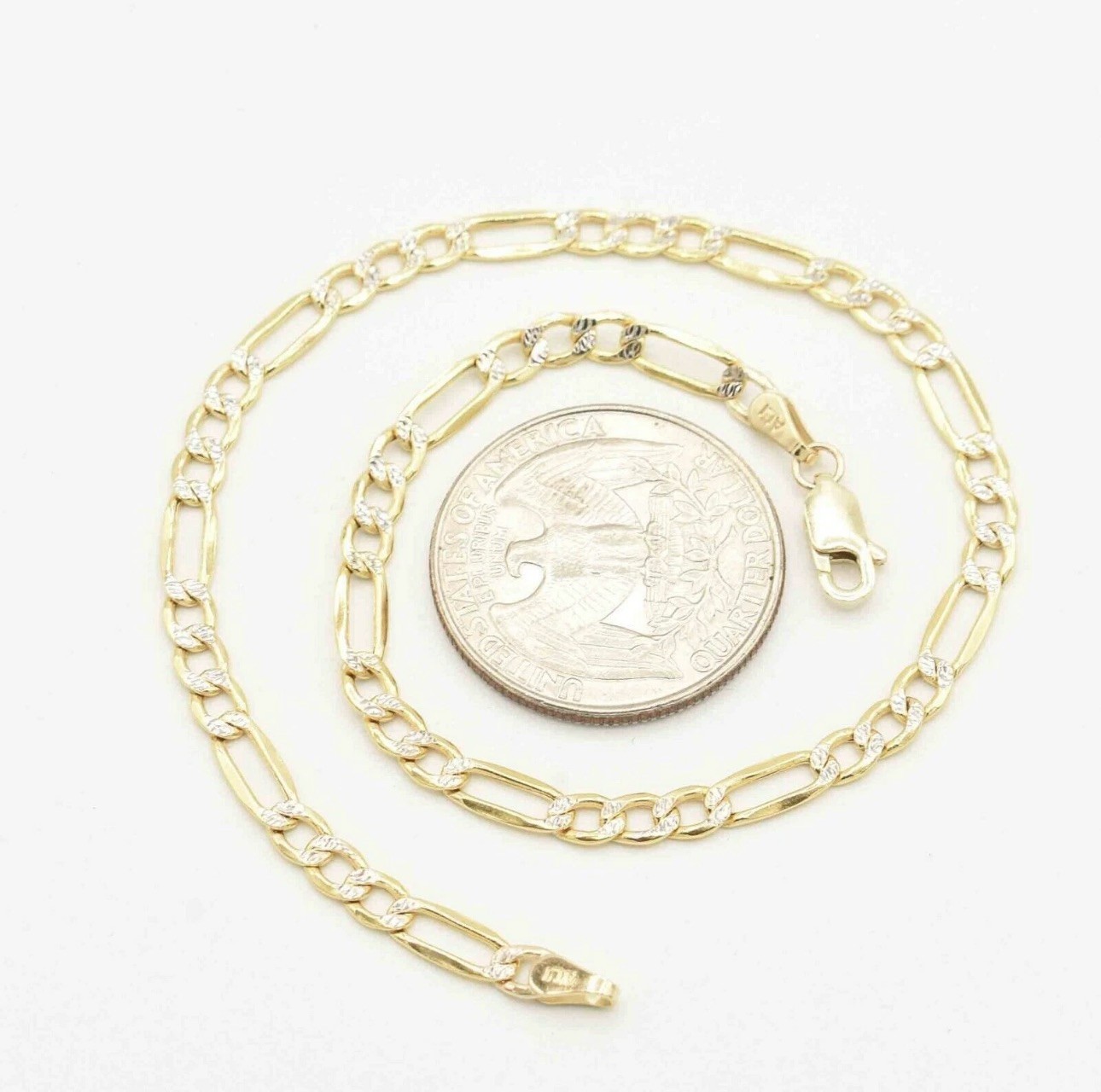 3.7mm Pave Figaro Chain Anklet with Lobster Lock Real 10K Yellow White Gold 10″