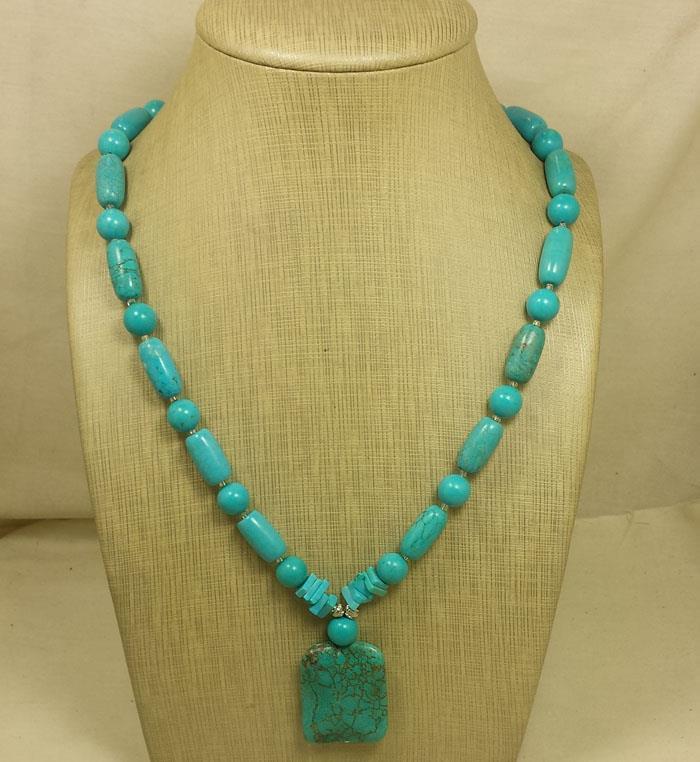 Bold look turquoise necklace/round, cyclinder shape beads/18″-28″(y257a-w3)