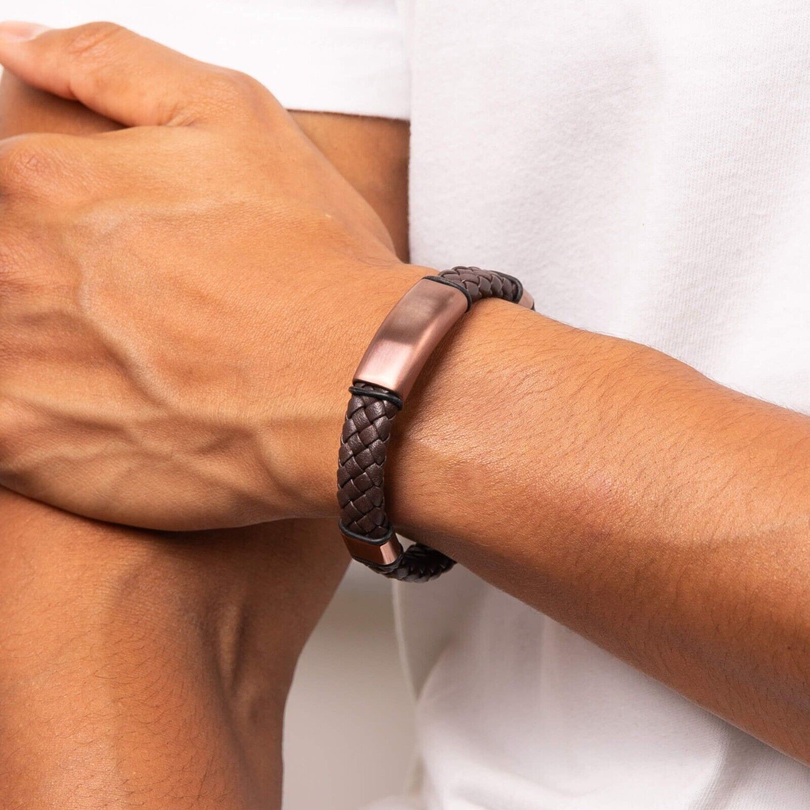 Fred Bennett Woven Brown Leather Bracelet with Coffee Plated Stainless Steel 9″