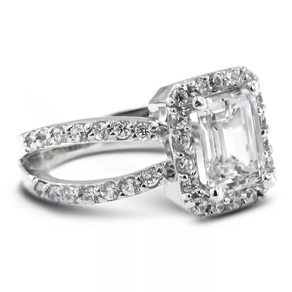 Side Stone Engagement Ring Platinum Halo 3.51 CT Emerald Lab-Grown Diamond F SI1