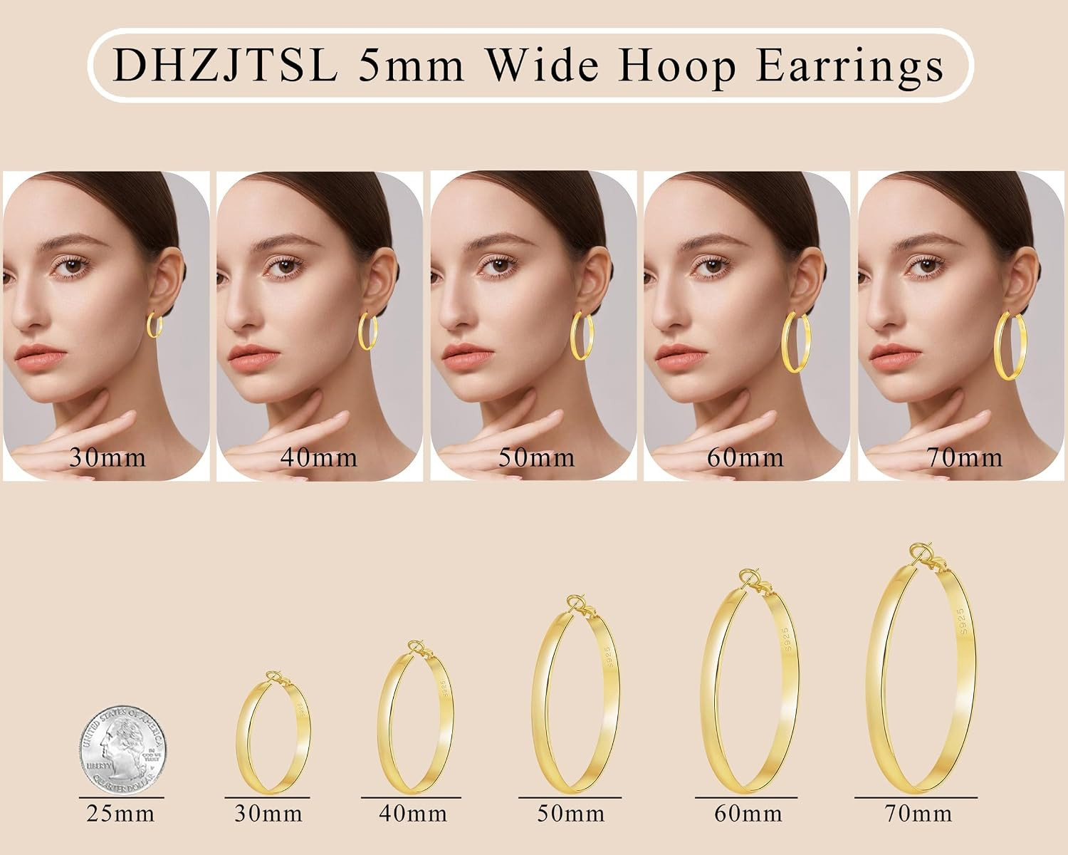 5Mm Wide Gold Hoop Earrings for Women, 14K Gold Plated Big Chunky Hoop Earrings