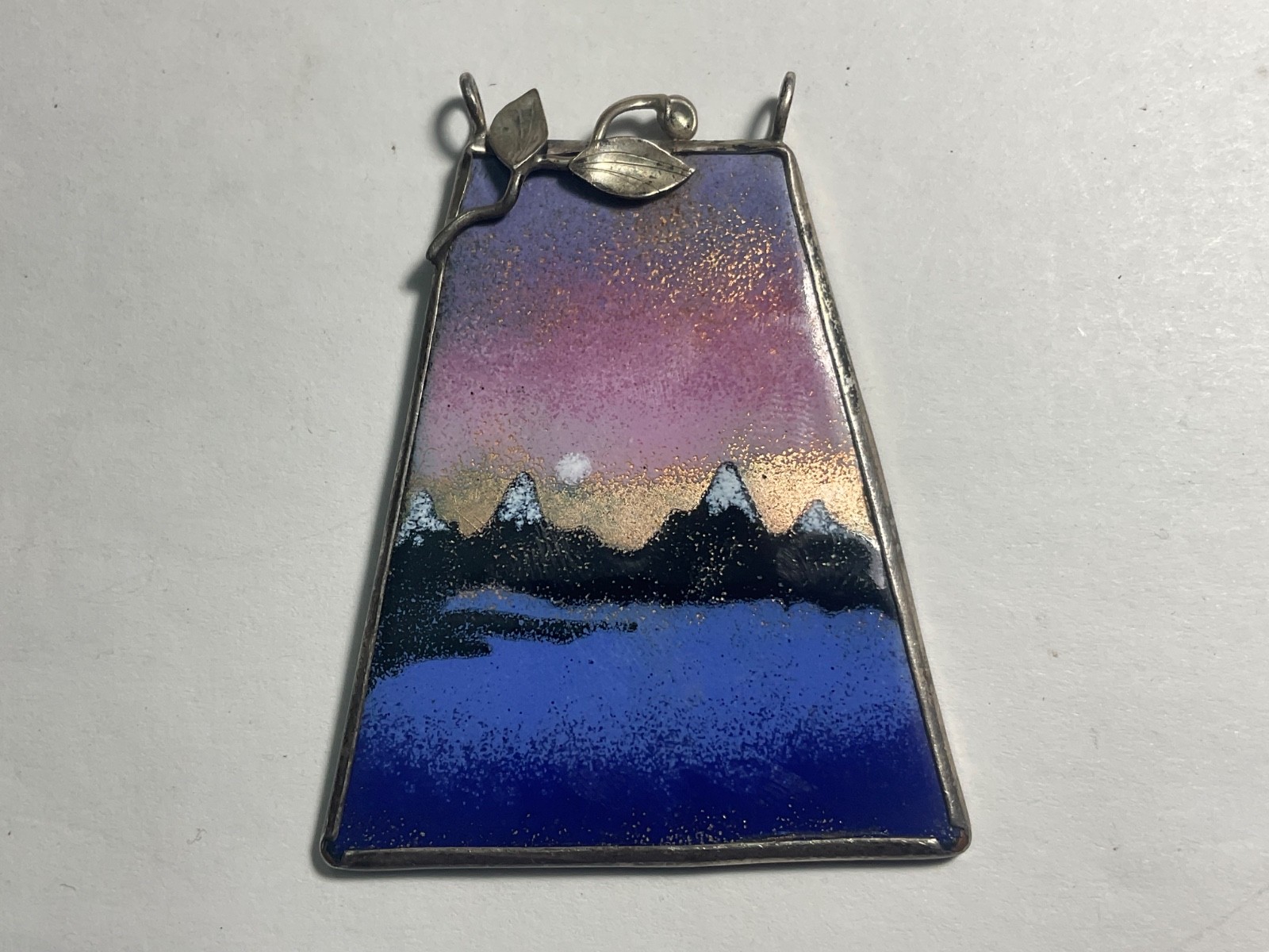 Rare Sterling Floral Mountain View Enamel Pendant Signed Rev. Kathleen Beauty