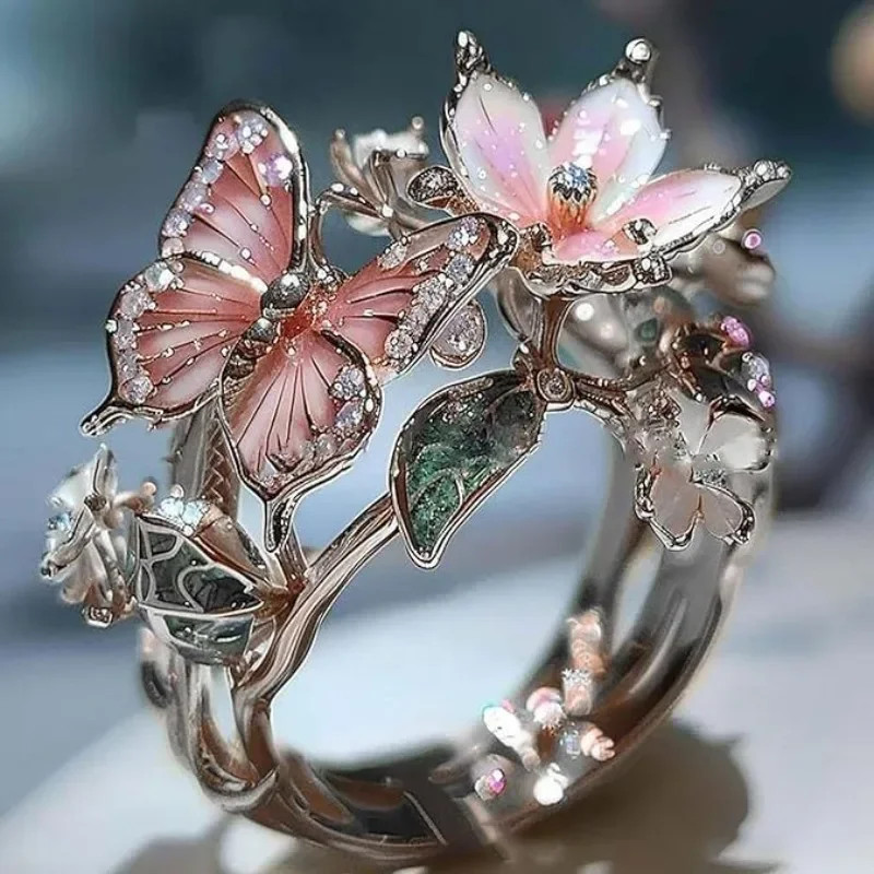 Flower Butterfly Ring Metallic Black Color Rhinestone Adjustable Open Band