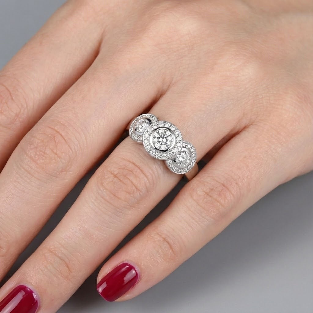 14K Gold 3-Stone Engagement Ring Halo 1.81 Carat Round Lab-Grown Diamond E VS1