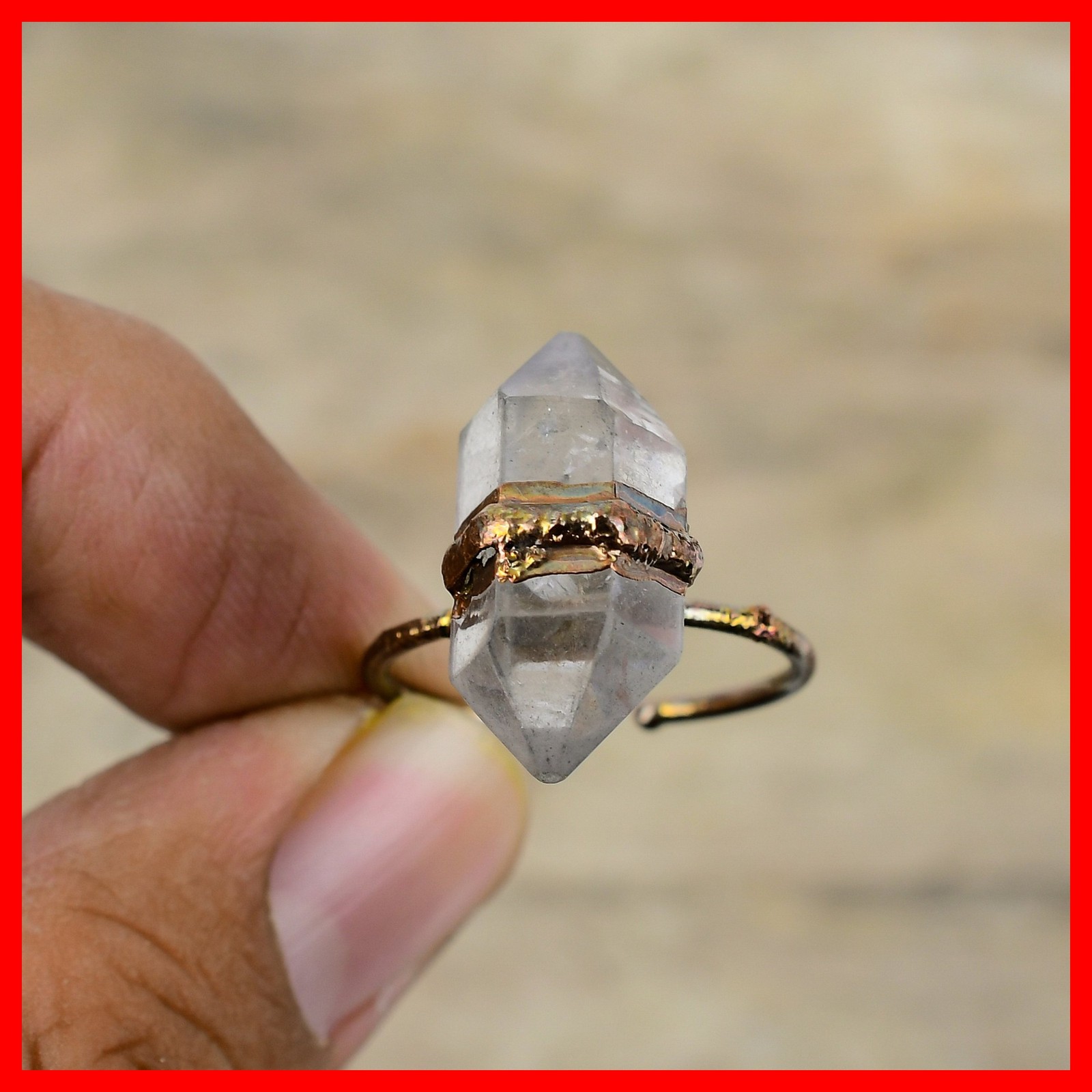 Herkimer Diamond Gemstone Copper Statement Electroformed Promise Handmade Ring