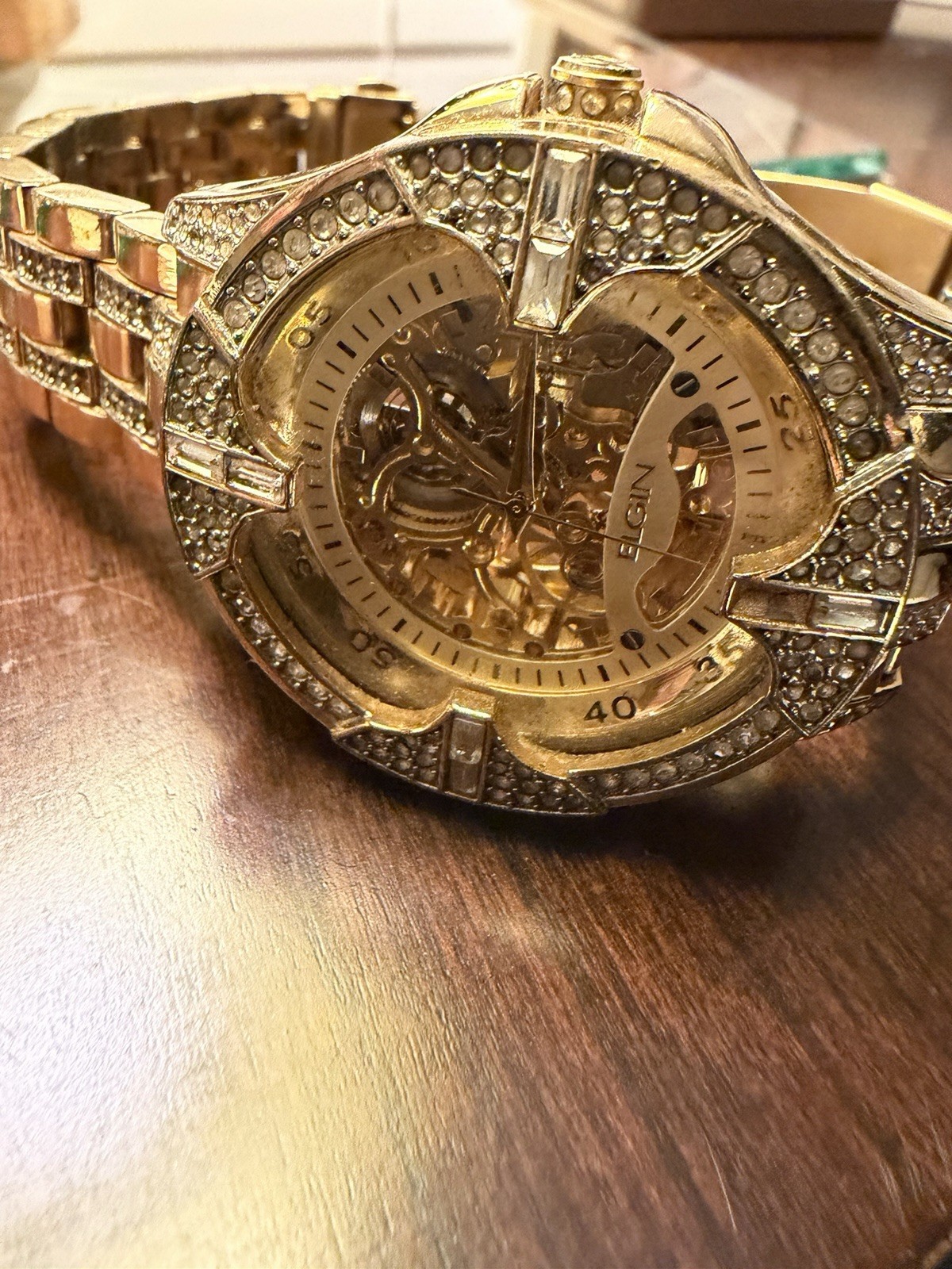 Elgin men’s Dress Mechanical Automatic Skeleton Dial Gold Bracelet Watch