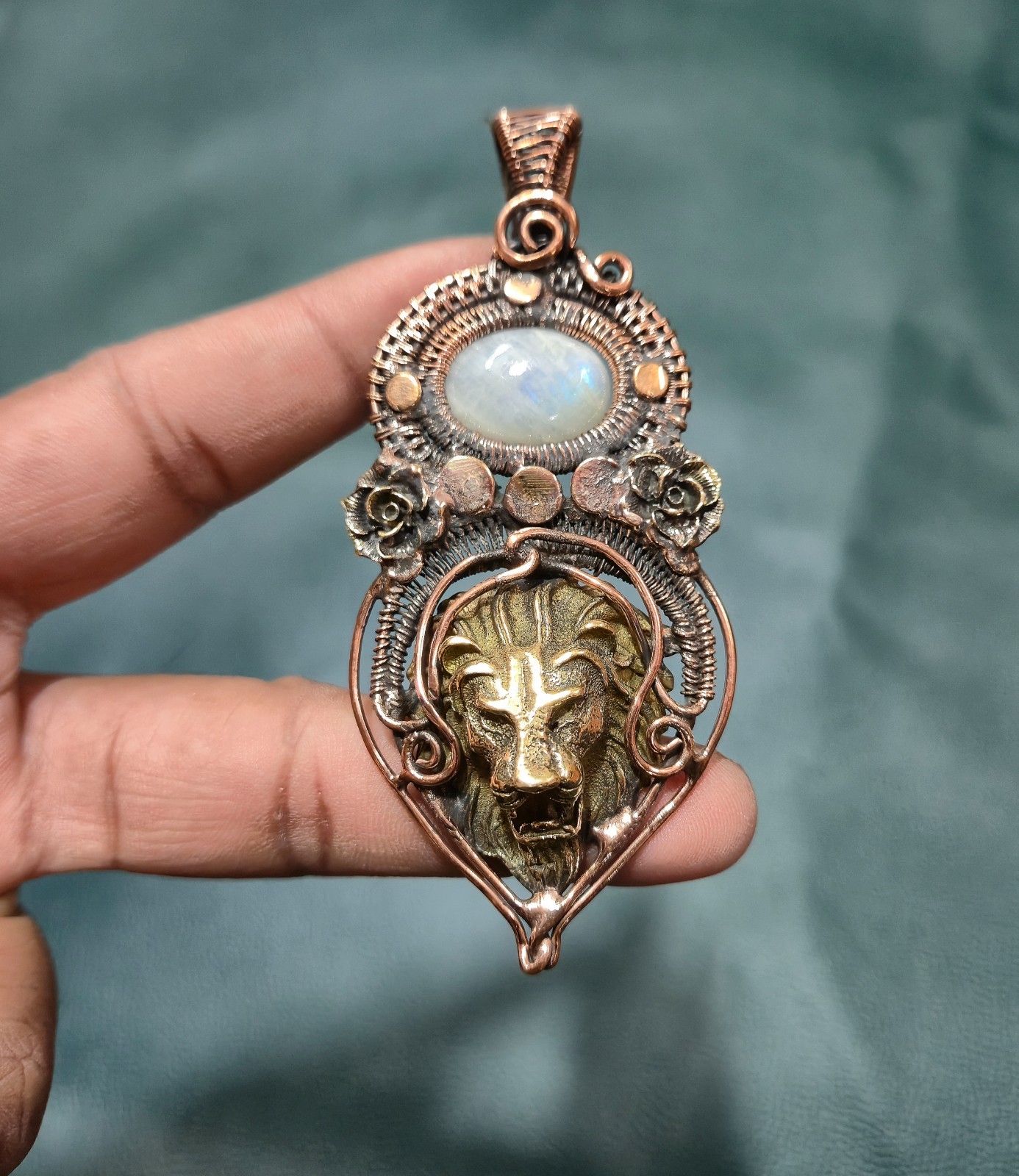 Moonstone Lion Face Pendant Wire Wrapped Pendant Handmade Jewelry Wedding gift