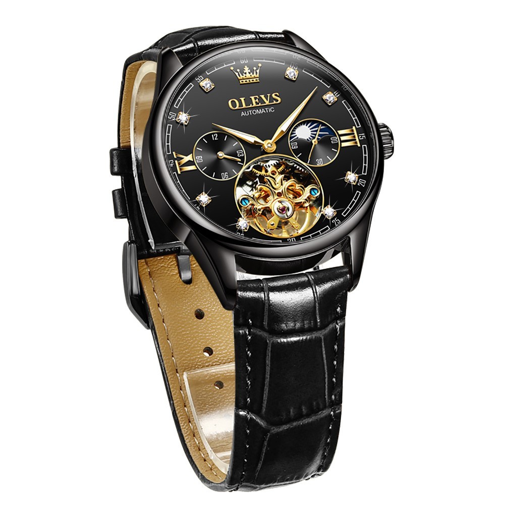 OLEVS 3601 Luminous Luxury Genuine Leather Strap Business Gents Automatic Watch
