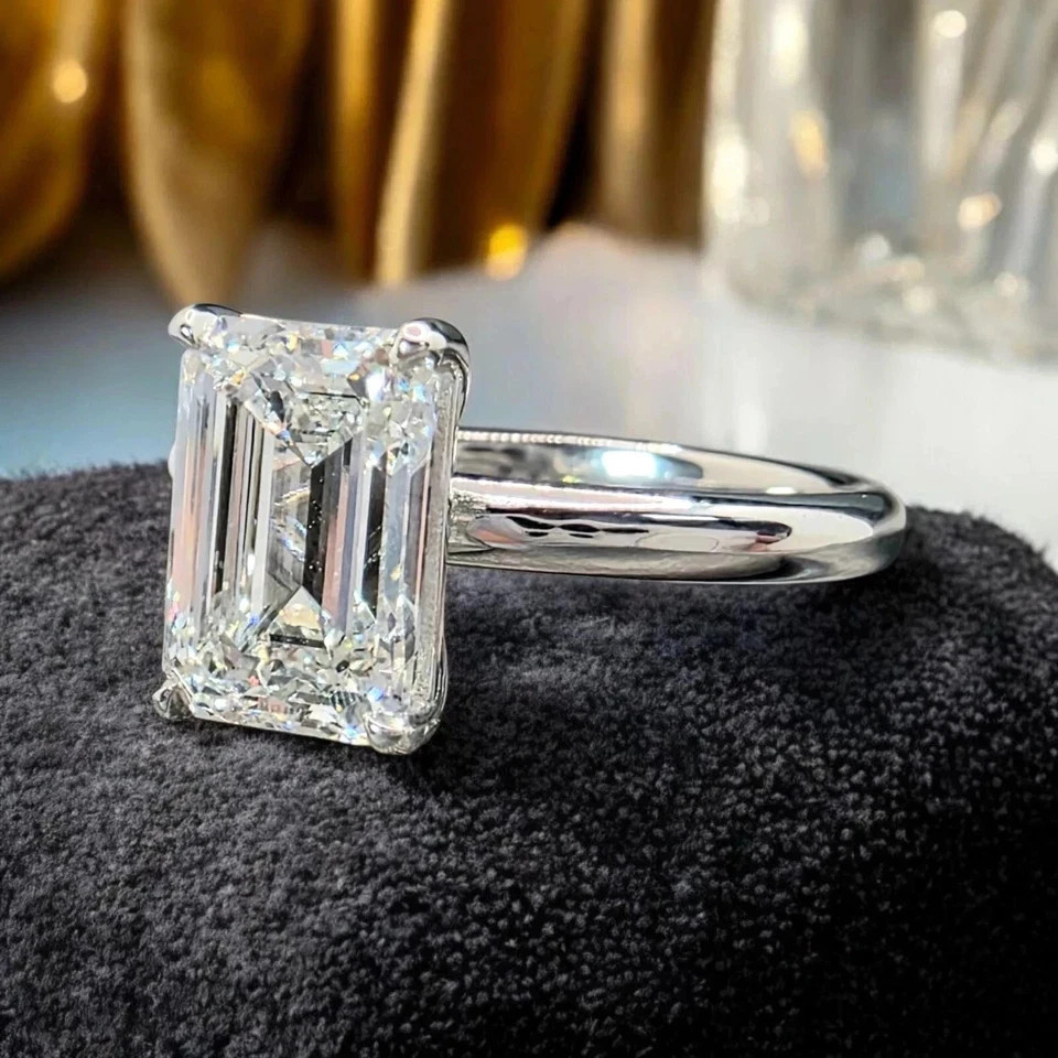 4.20 Ct Emerald Cut White Moissanite Solitaire Wedding Ring 925 Sterling Silver
