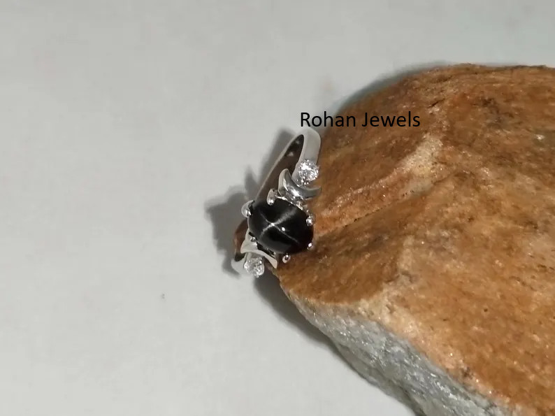 Natural Black Star Sapphire Ring 925 Sterling Silver Solitaire Women’s Ring