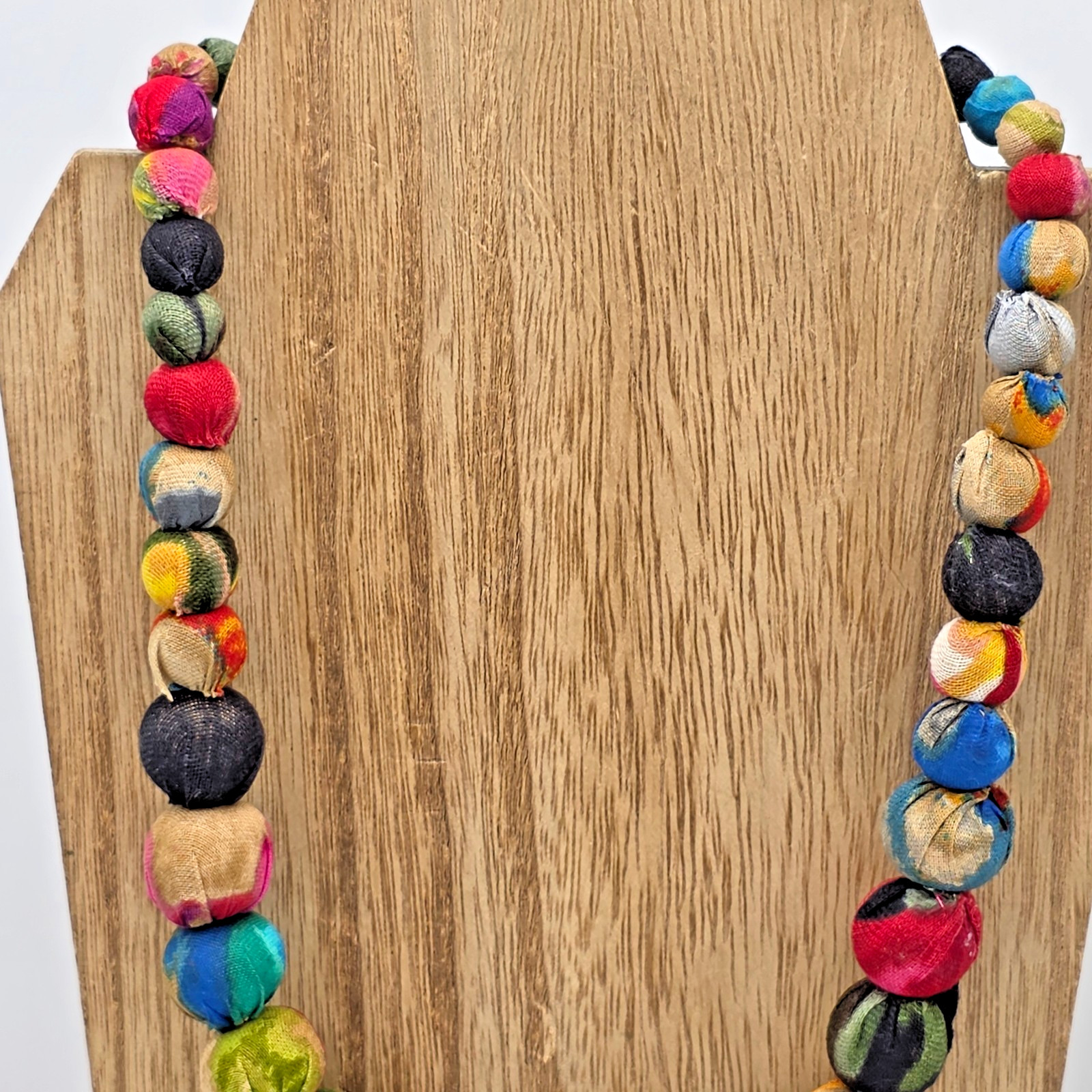 Plunder Kantha Fabric Wrapped Graduated Bead Necklace Multicolor 20”