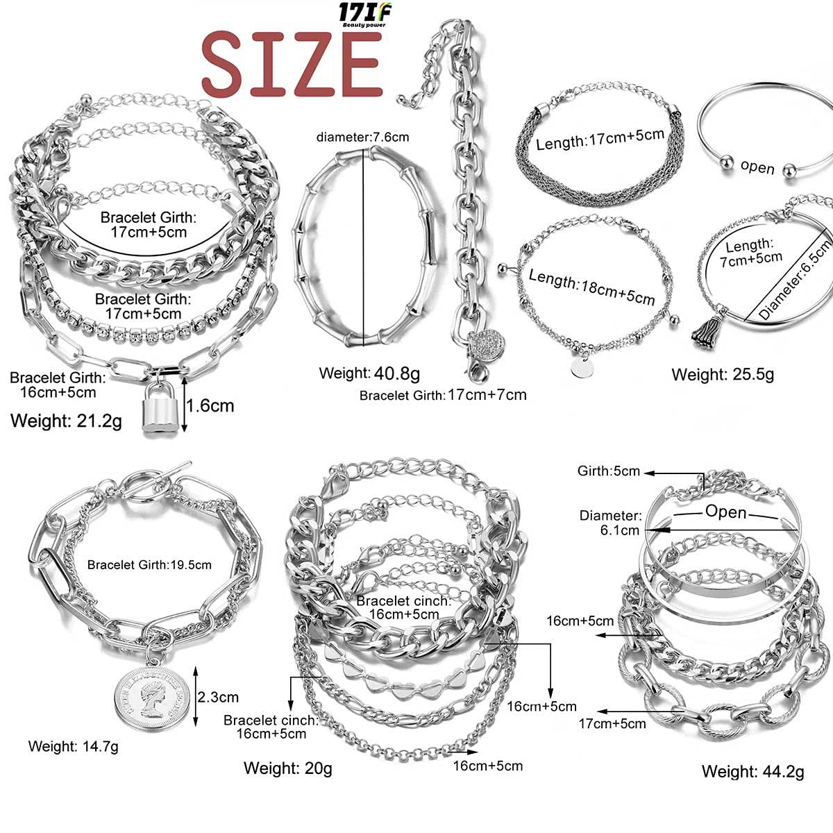 17IF 18 Pcs (6 Pack) Silver Bracelets Set for Women Boho Large,