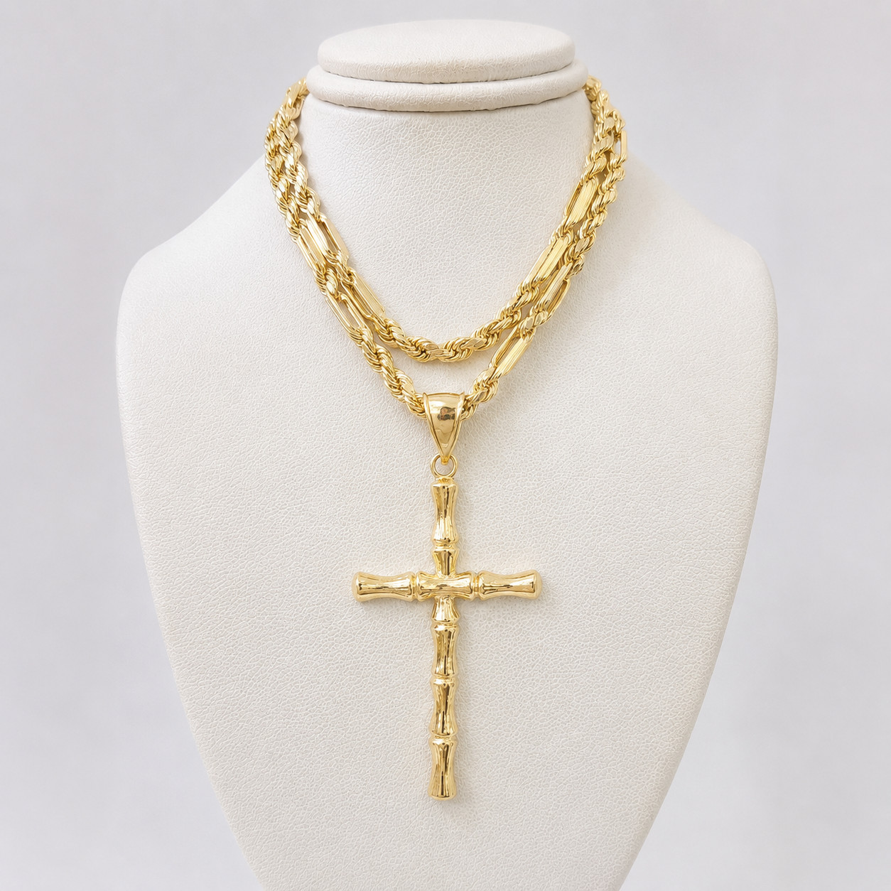 10k Gold Milano Rope Chain Bamboo Cross 2.25″ Charm Necklace 4mm 18″-28″ Pendant
