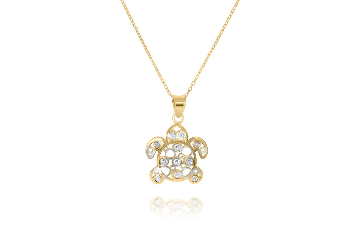 14K YELLOW AND WHITE GOLD TURTLE WITH CZ PENDANT NECKLACE