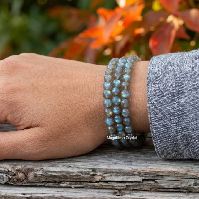 Genuine Labradorite 4mm Round Bead Stretch Bracelet Flashy Crystal Healing Gift