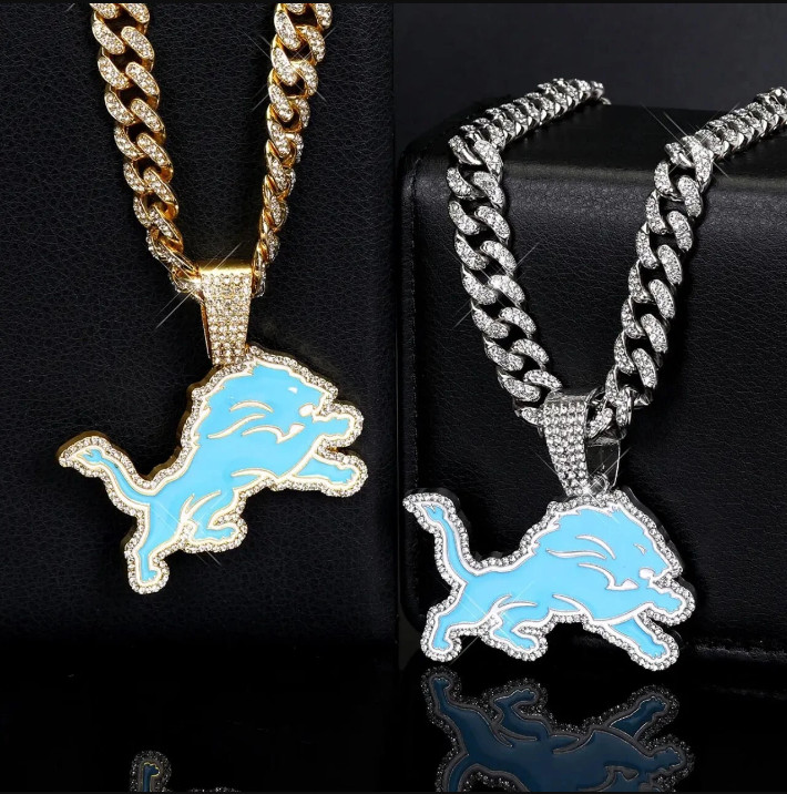 Detroit Lions Iced Out NFL Team Pendant Necklace – Gold Cuban Link Chain – 20″