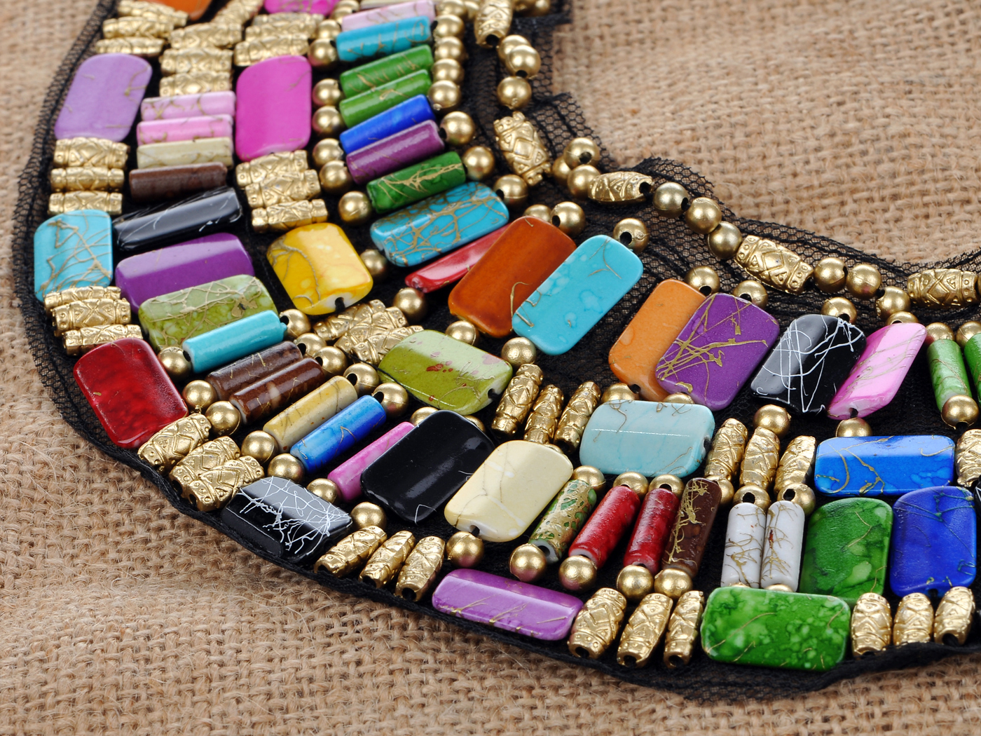 Black Tribal Large U Shaped Draped Multicolour Rainbow Beads Statement Necklace