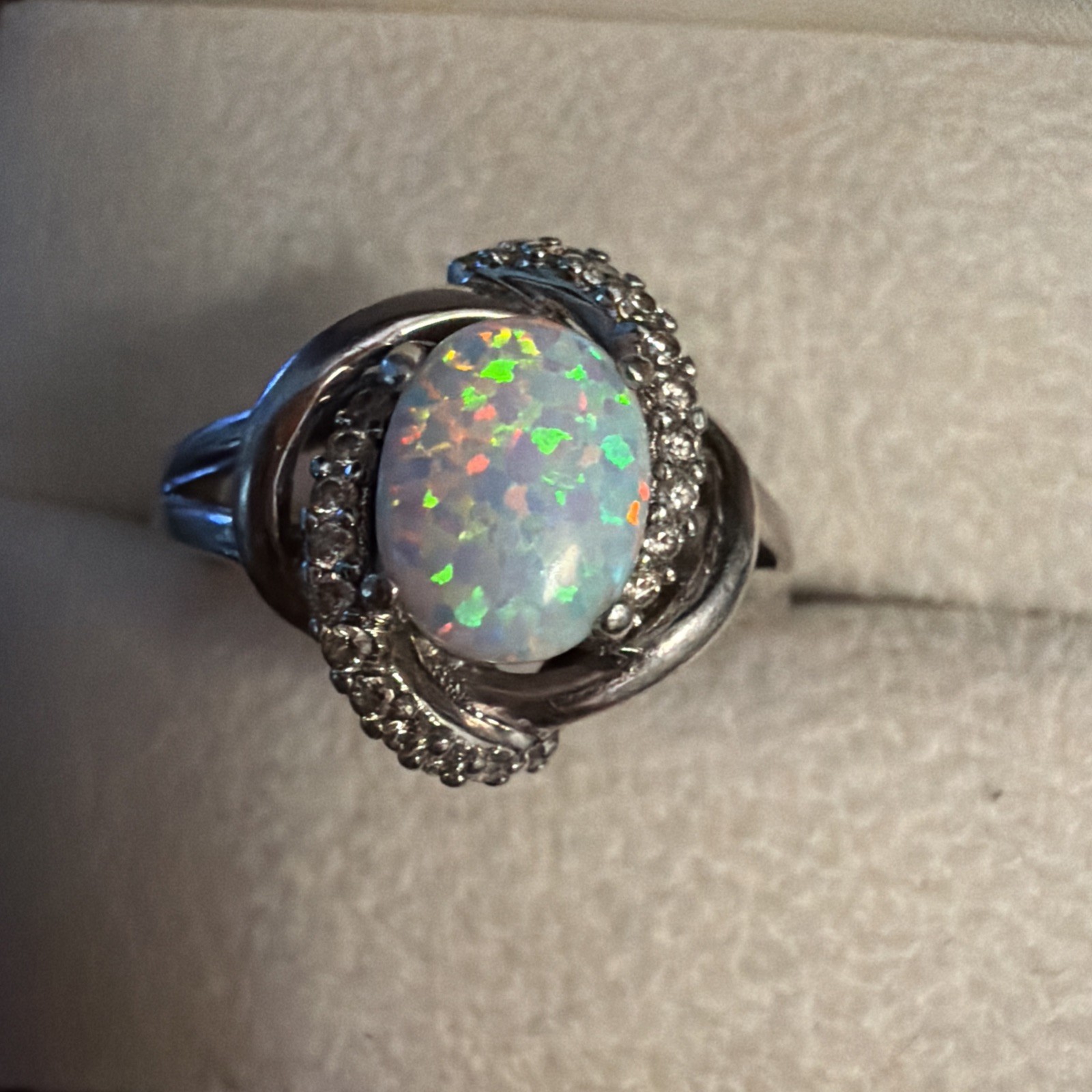 Vintage Opal Cubic Zirconia Sterling Silver Ring – Size 10 L