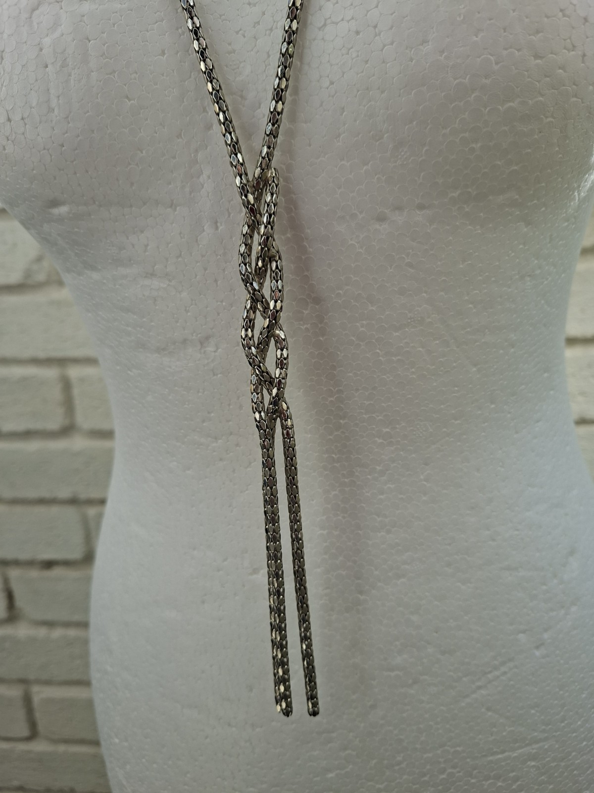 Long Silver Tone Tube Link Necklace Minimalist Boho Lightweight Statement 36cm