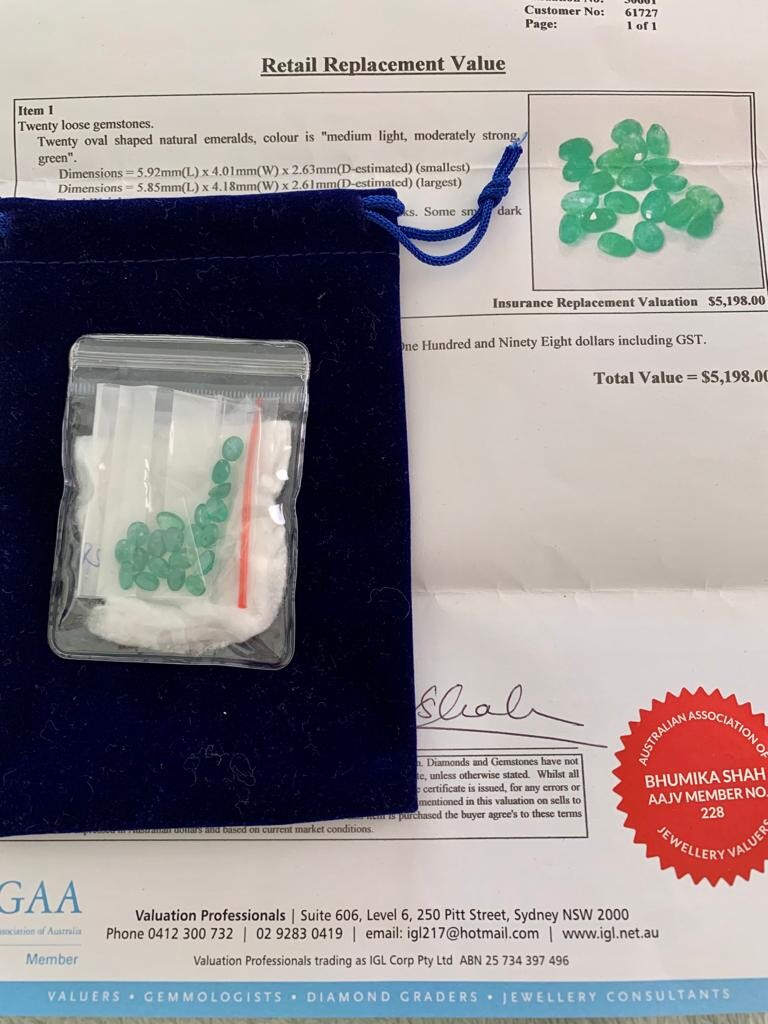 20 Oval Shaped Emeralds & Valuation Certificate