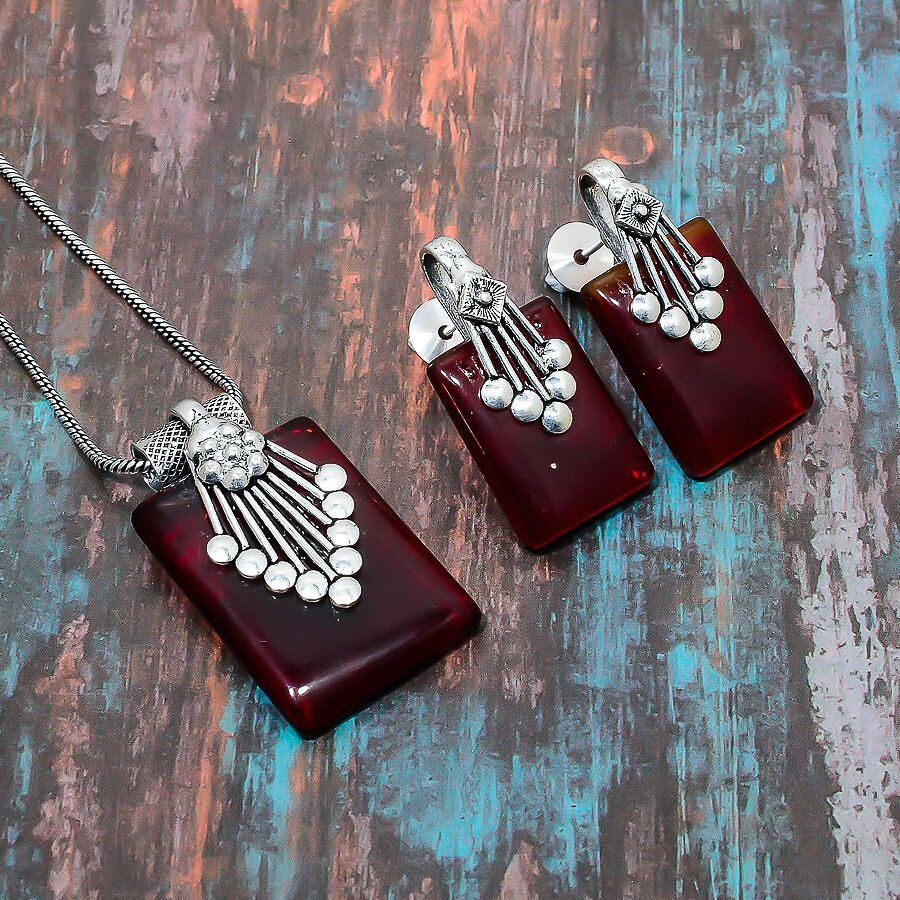 Mozambique Garnet Gemstone Handmade Necklace+Earring Jewelry Set T421