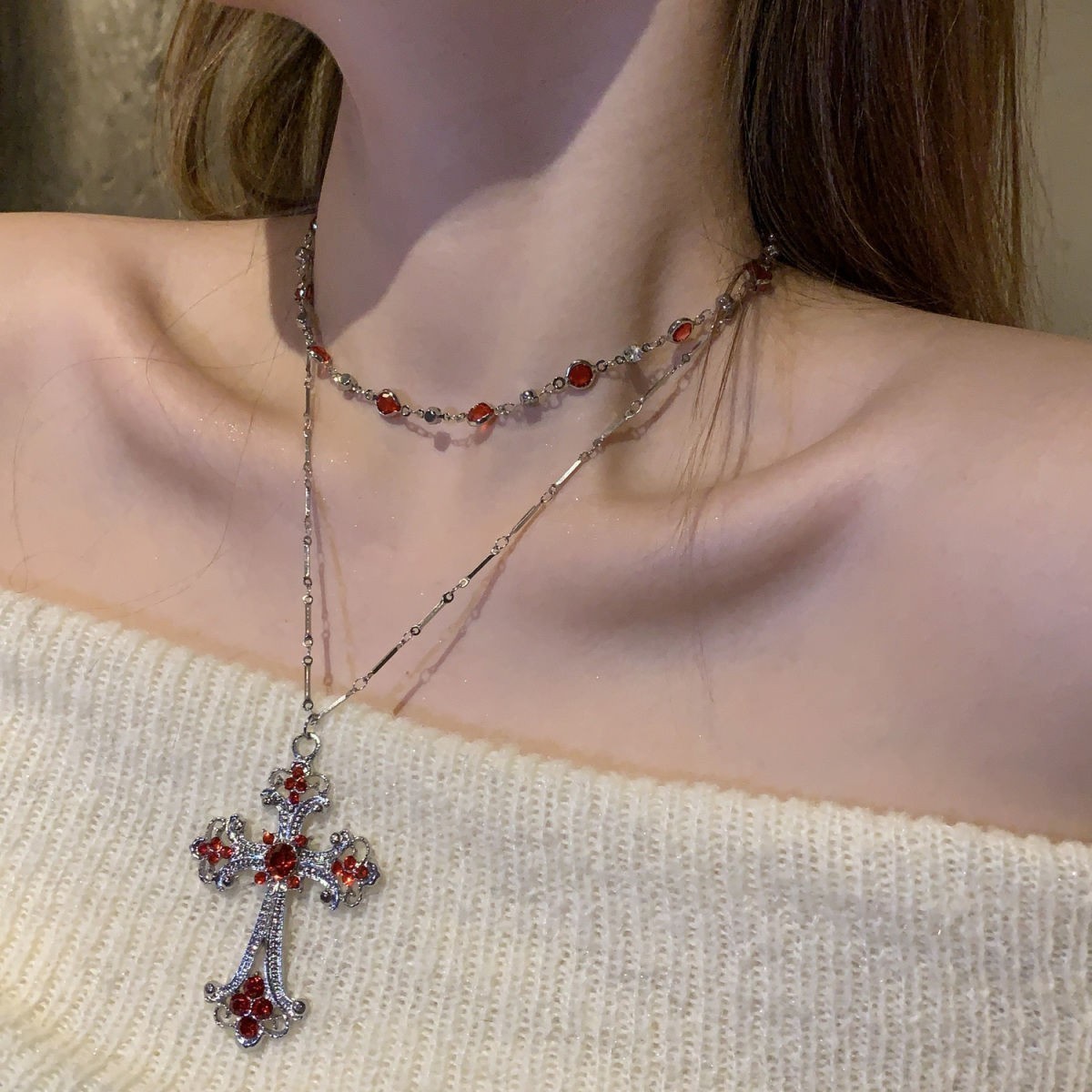 Gothic style double-layered red cross necklace for women, Y2K clavicle chain