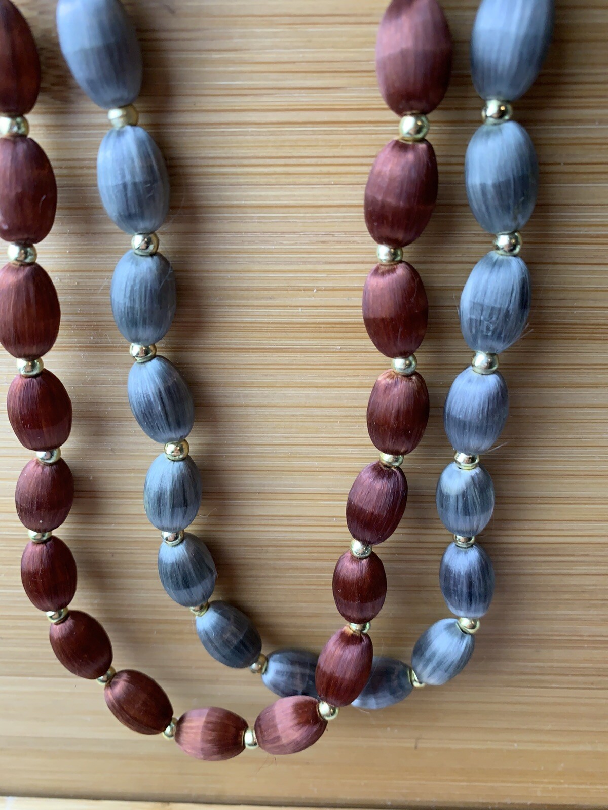 2 Vintage Red and grey Silk Thread Necklaces Wrapped Beads /30 inches