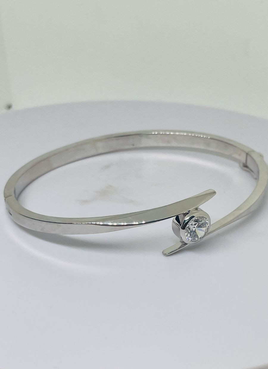 14K White Gold Plated One Diamond Bangle Bracelet 7.75″ For Women’s
