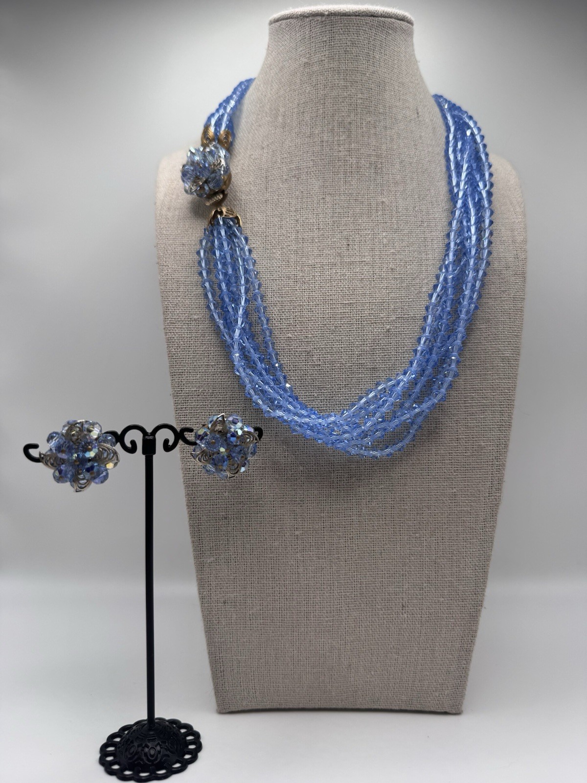 Vintage Faceted Crystal Light Blue 6 Strand Beaded Necklace & Earrings STUNNING
