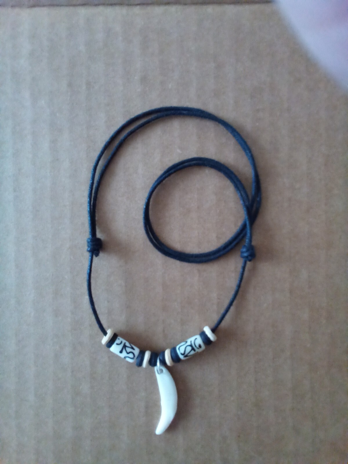 White Coyote Tooth Necklace REAL Teeth Black White Beads 16″-28″ Black Cord NEW!