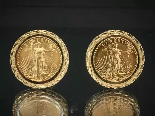Without Stone 12 mm Coin Estate American Eagle Earrings 14K Yellow Gold Plated