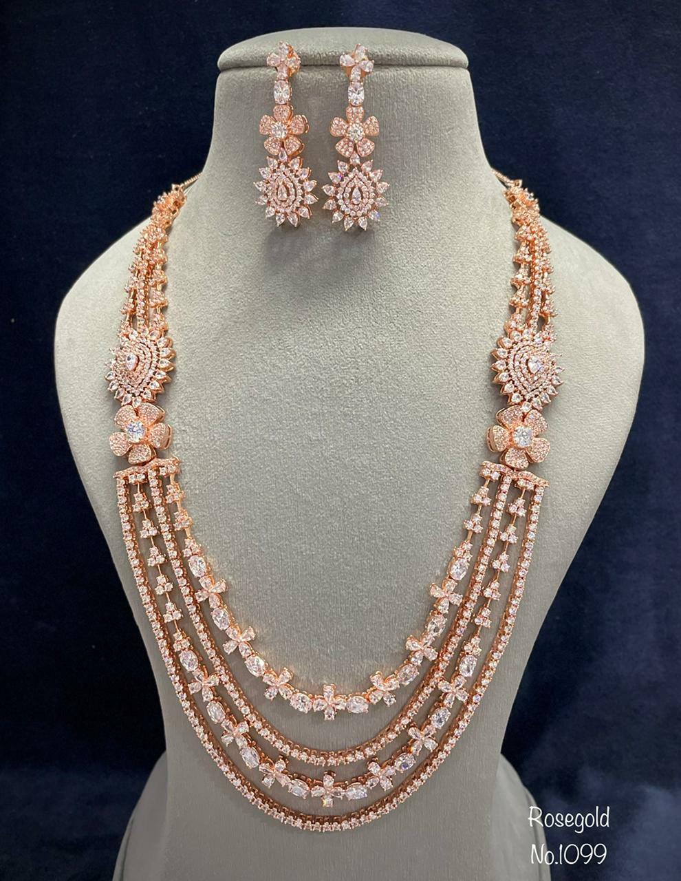 Cz Top Quality Rose Gold Bollywood Elegant Sparkling Necklace Bridal Set B0237