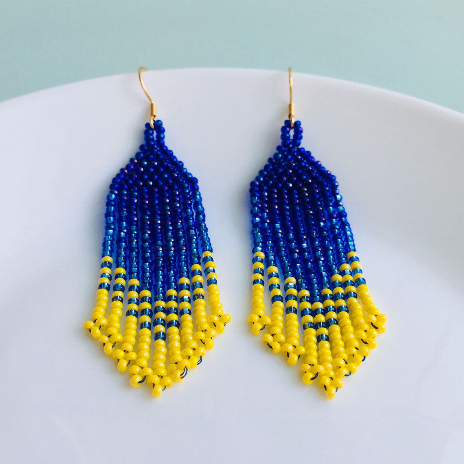 Ukraine beaded earrings, Gradient earrings, Ukrainian flag seed bead earrings
