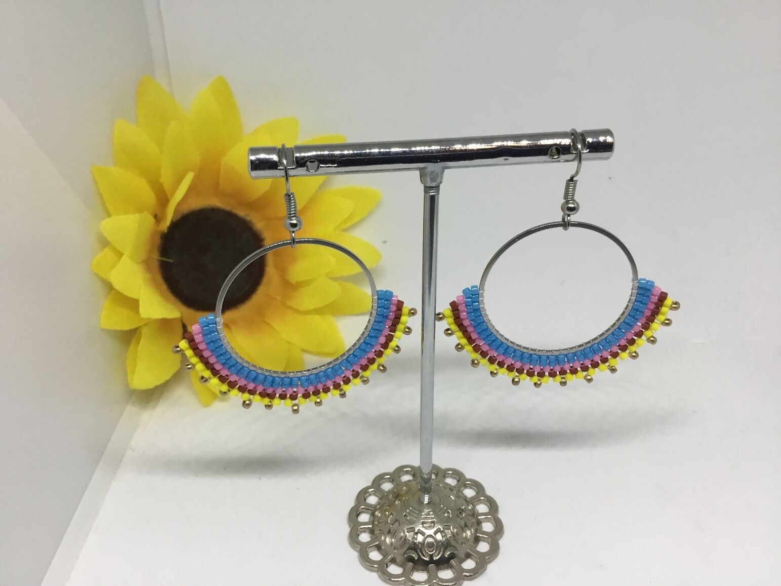 Beaded Hoop Drop Earrings, Wire Hook, Multi-Color, Miyuki Delica beads (Choose)