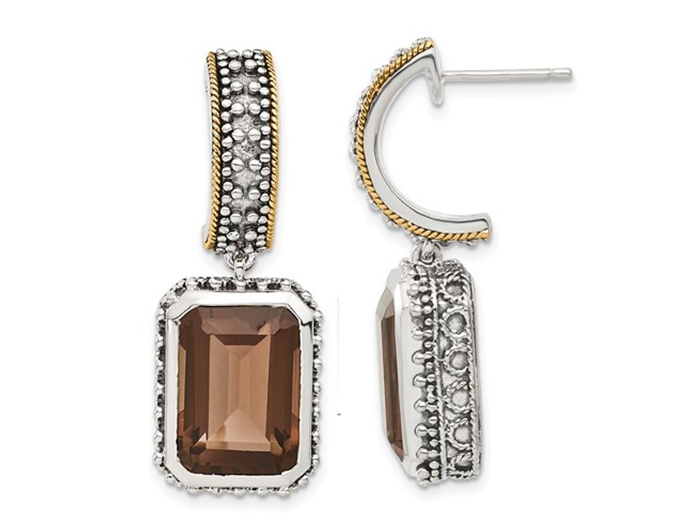 14 Carat (ctw) Octagon Smoky Quartz Earrings in Antiqued Sterling Silver