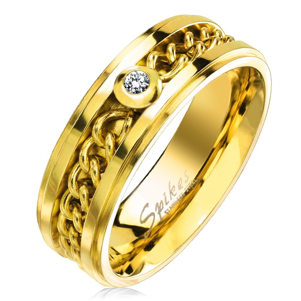 Stainless Steel Chain Center 0.02 Carat CZ Band Ring Silver or Gold Plated