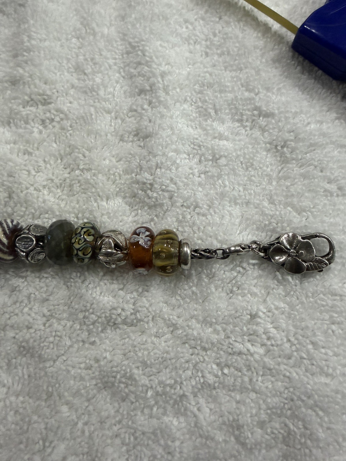 Trollbeads SS 7.5 inch Charm Bracelet with 17 Retired Charms in Browns & Tans