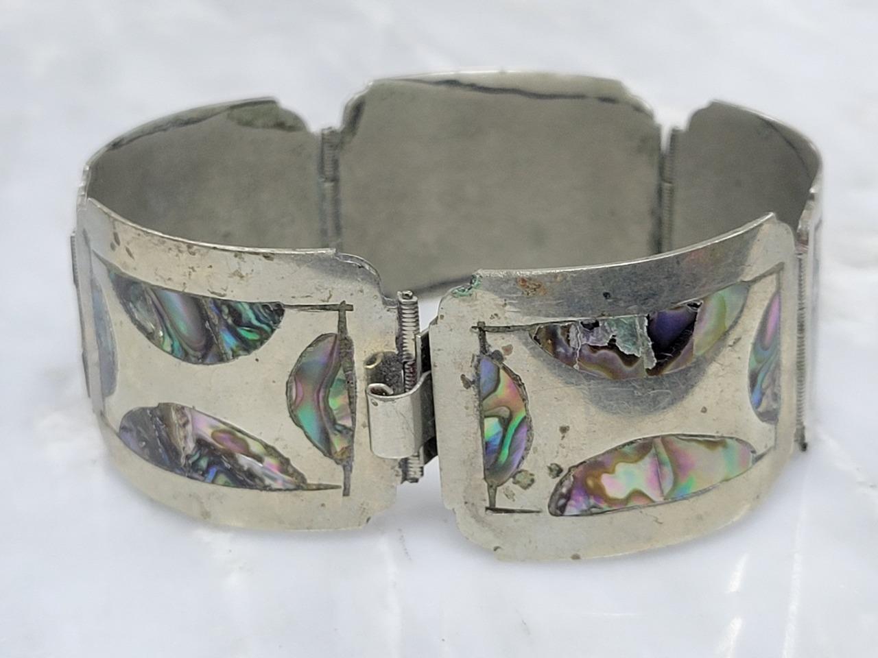 Taxco N.S Sterling Silver Inlaid Abalone 6.75″ Panel Bracelet 36.3g~ 17-I1334