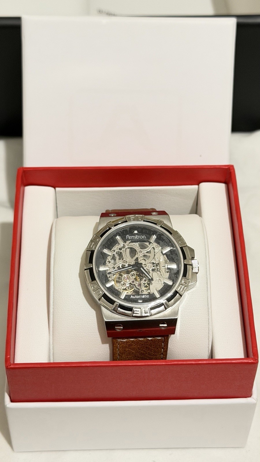 Armitron Men’s Skeleton Dial Automatic Watch Brown Leather Strap Silver Case