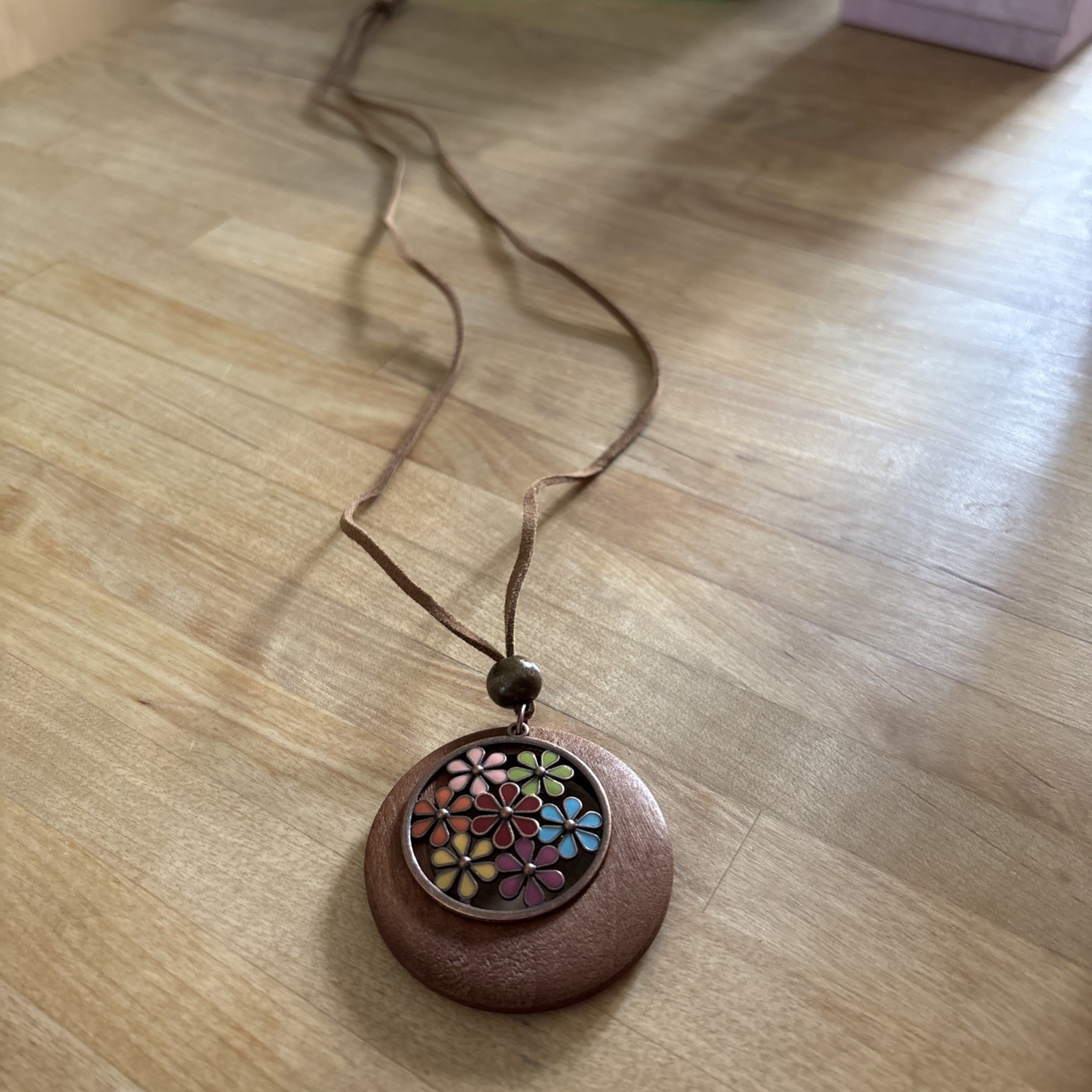 Beautiful Leather Necklace with Wooden & Metal enamel Pendant in Gift Box